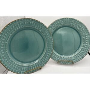 Tabletops Gallery Seafoam Diamonds and Dots with Brown Edge Dinner Plates 10”